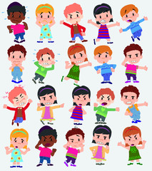 Cartoon character boys and girls. Set with different postures, attitudes and poses, always in negative attitude, doing different activities. Vector illustrations.