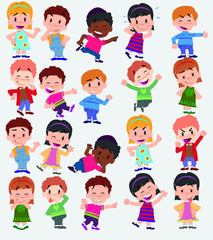 Cartoon character boys and girls. Set with different postures, attitudes and poses, always in positive attitude, doing different activities. Vector illustrations.