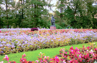 View of a large flower bed and sculpture of Venus with Cupid Kapuansky in Catherine Park of...