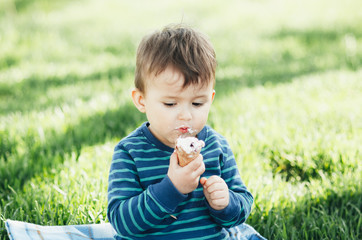 Fototapeta premium Cheerful child in a blue sweater eating ice cream on a background of grass, outdoors