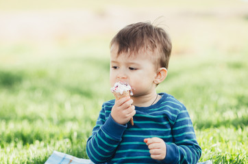 Cheerful child in a blue sweater eating ice cream on a background of grass, outdoors