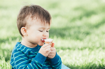 Cheerful child in a blue sweater eating ice cream on a background of grass, outdoors