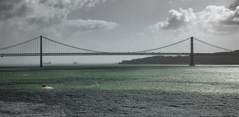 Long shot panorama of 25 de Abril Bridge in Lisbon