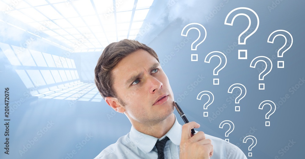 Poster man thinking with question marks