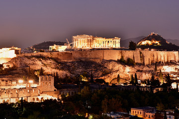 Athens, Panoramic view of the Acropolis at night. Attica. Central Greece