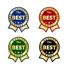 Ribbons award best price label set. Gold ribbon award icon isolated white background. Best quality golden label for badge, medal, best choice, price, certificate guarantee product. Vector illustration