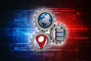 3d  rendering travel and navigation planning, database with globe, gear concept