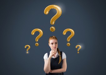 Woman thinking with gold question marks