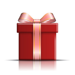 Gift box red icon. Surprise present template, ribbon bow, isolated white background. 3D design decoration for Christmas, New Year holiday, birthday celebration, Valentine Day. Vector illustration
