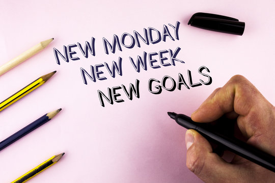 Word writing text New Monday New Week New Goals. Business concept for next week resolutions To do list Goals Targets written by Man on plain background holding Marker Pencils next to it.