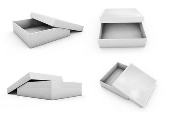 white 3d rendering blank open rectangular box with box separate lid, isolated gray background