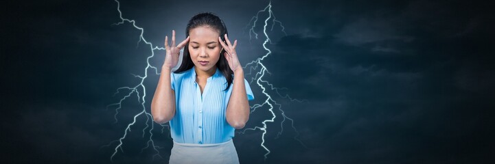 Lightning strikes and stressed woman with headache holding head