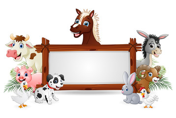 Farm animals with a blank sign wood 