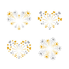 Beautiful heart-fireworks set. Gold romantic salute isolated on white background. Love decoration flat firework. Symbol of Valentine Day celebration, holiday, wedding. Vector illustration