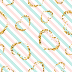 Gold heart seamless pattern. Blue-pink-white geometric stripes, golden grunge confetti-hearts. Symbol of love, Valentine day holiday. Design wallpaper, background, fabric texture. Vector illustration