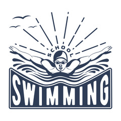 Design swimming badge for print on T-shirts, printed products and publications on the Internet. Vector illustration