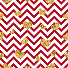 Gold heart seamless pattern. Red-white geometric zig zag, golden confetti-hearts. Symbol of love, Valentine day holiday. Zigzag design wallpaper, background, texture. Vector illustration