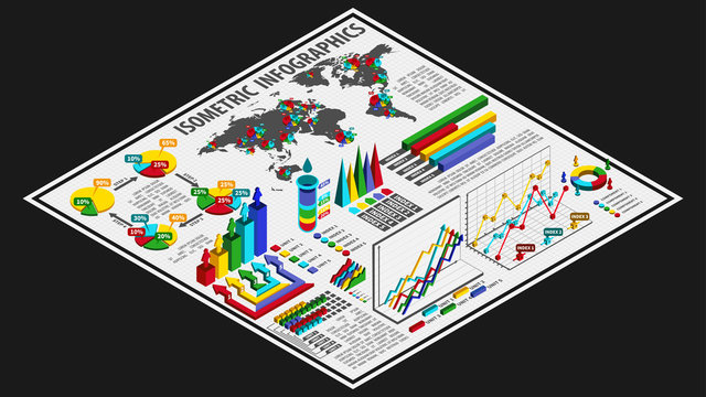 Isometric 3D style infographics with data icons, world map charts and design elements. Vector illustration.