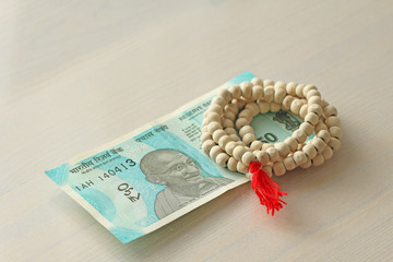 A new banknote of India with a denomination of 50 rupees. Indian currency. Mahatma Gandhi and...