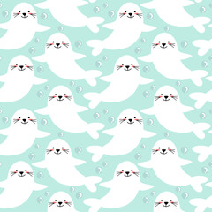 Cute cartoon, white seal, seamless pattern vector. 