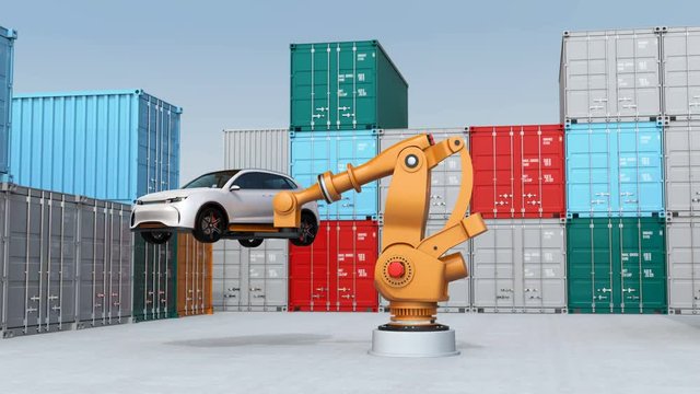 Heavyweight robotic arm carrying white SUV in cargo containers yard. 3D rendering animation.