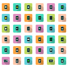 Vector icon set of mobile function in flat style with shadow.