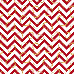 Gold heart seamless pattern. Red-white geometric zig zag, golden grunge confetti-hearts. Symbol of love, Valentine day holiday. Design wallpaper, background, fabric texture. Vector illustration