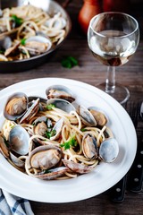 Traditional italian seafood pasta with clams Spaghetti alle Vongole