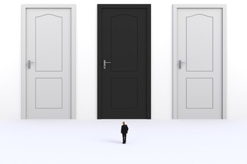 Success concept with businessman, Image of miniature businessman standing in front of black and white door on white wall background, 3D rendering