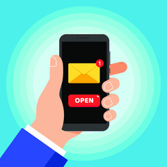 Hand holding black mobile phone isolated on blue background. Smartphone in human's hand with new message, closed envelope popped on touchscreen and button OPEN flat design vector illustration.