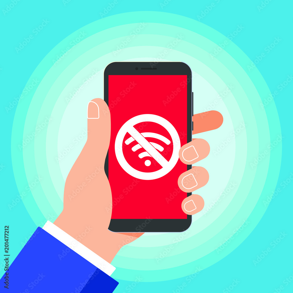 Poster wireless no wifi icon sign flat design vector illustration on the technical device. hand hold black 