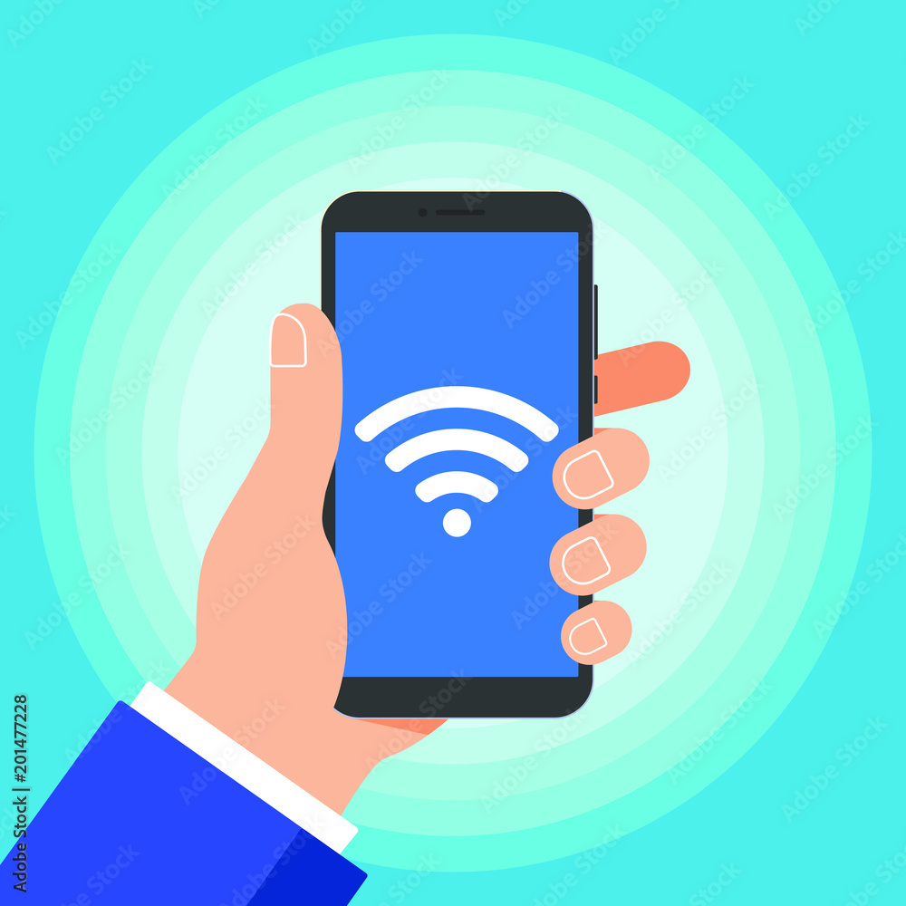 Poster wireless wifi icon sign flat design vector illustration on the technical device. hand hold black pho