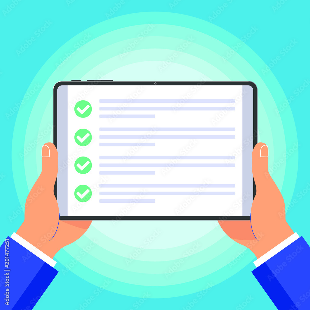 Poster hands hold pad device tablet flat design with check marks tick on the screen and text icon signs vec