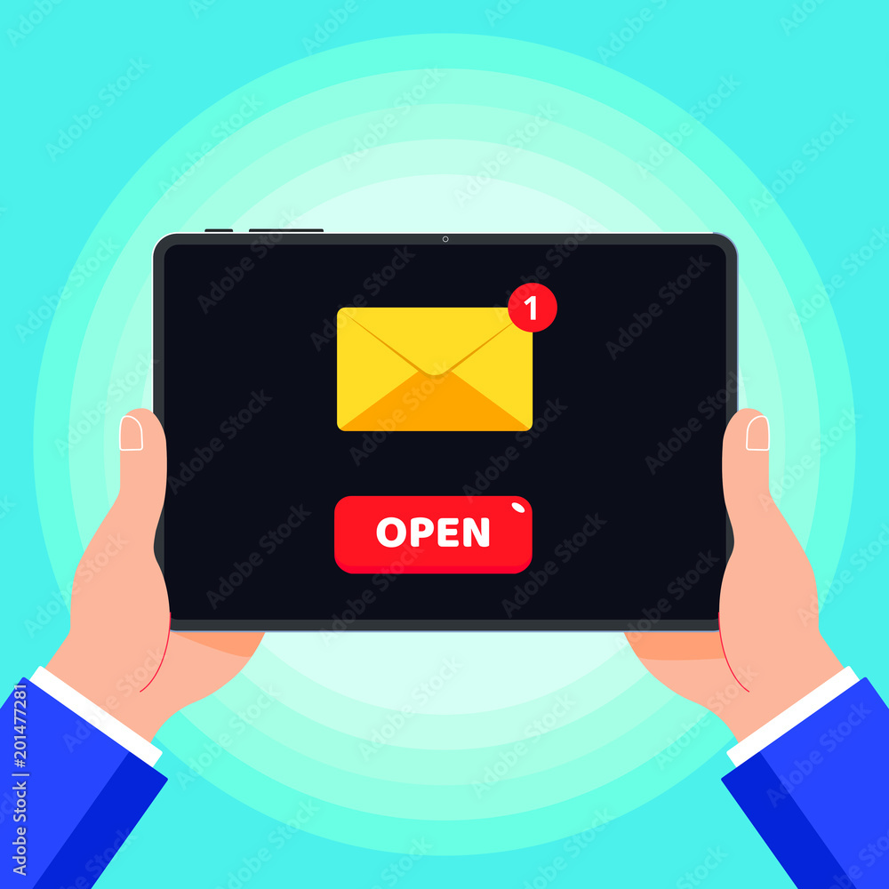Poster hands holding black tablet device isolated on blue background. pad tablet in human's hands with new 