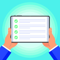 Hands hold pad device tablet flat design with  check marks tick on the screen and text icon signs vector illustration. Technology concept of online survey to fill out  isolated on blue background.