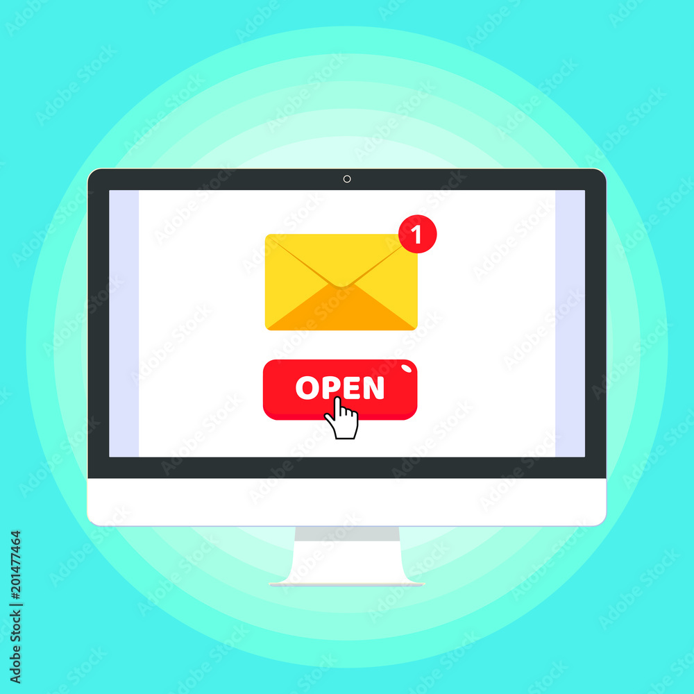 Poster modern electronic device - flat design monitor or all-in-one-pc vector illustration with envelope an