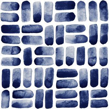 Navy blue watercolor rounded brush strokes, spots background. Can be used as seamless repeat pattern. Watercolour uneven spots or aquarelle stains texture. Abstract hand drawn geometrical template.