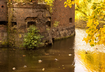 Ducks swim in the pond next to the old defensive structure.