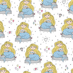 Seamless pattern with Hand drawn vector little mermaid