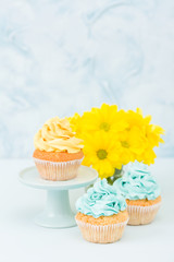 Cupcakes with yellow and blue cream decoration and bouquet of yellow chrysanthemum on pastel background.