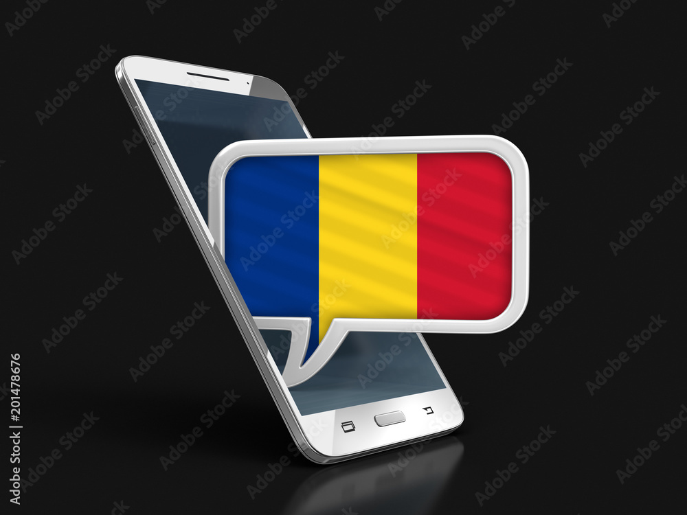 Poster touchscreen smartphone and speech bubble with romanian flag. image with clipping path
