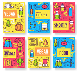 Vegan vector brochure cards set. Vegetable template of flyear, magazines, posters, book cover, banners. Vegetarian invitation concept  background. Layout healthy diet illustrations modern pages