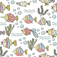 Abwaschbare Fototapete Meereswellen Gekritzel nahtloses Muster mit Fischen