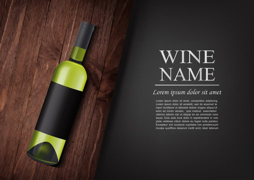 Advertising banner.A realistic bottle of white wine with black label in photorealistic style on wooden dark board,black background like chalk board,text.Wine presentation brochure.Vector illustration