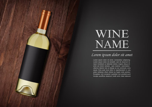 Advertising banner.A realistic bottle of white wine with black label in photorealistic style on wooden dark board,black background like chalk board,text.Wine presentation brochure.Vector illustration
