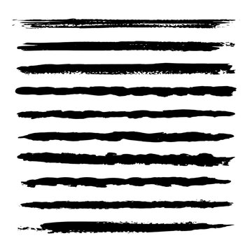 Set of textured hand drawn vector lines. Wave, straight, patterns black strokes. Ink brush drawing