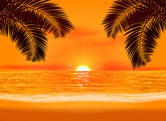 Relaxation glowing sunset on a tropical beach illustration. Seasonal evening background