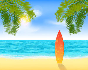 Surfboard standing on a sandy beach near a sea. Bright summer vacation background with sea view and palms