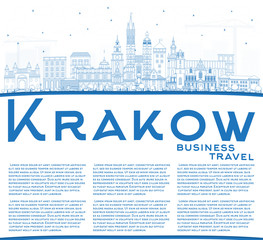 Naklejka premium Outline Krakow Poland City Skyline with Blue Buildings and Copy Space.