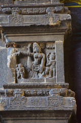 Carved dancing idols on the Gopuram of Nataraja Temple, Chidambaram, Tamil Nadu, India.